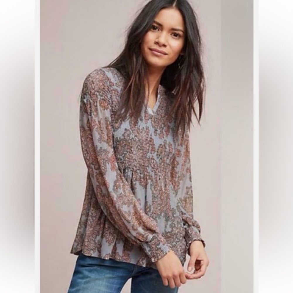 Akemi + Kin Anthropologie Adria Smocked Paisley Peplum Babydoll Blouse Blue XS